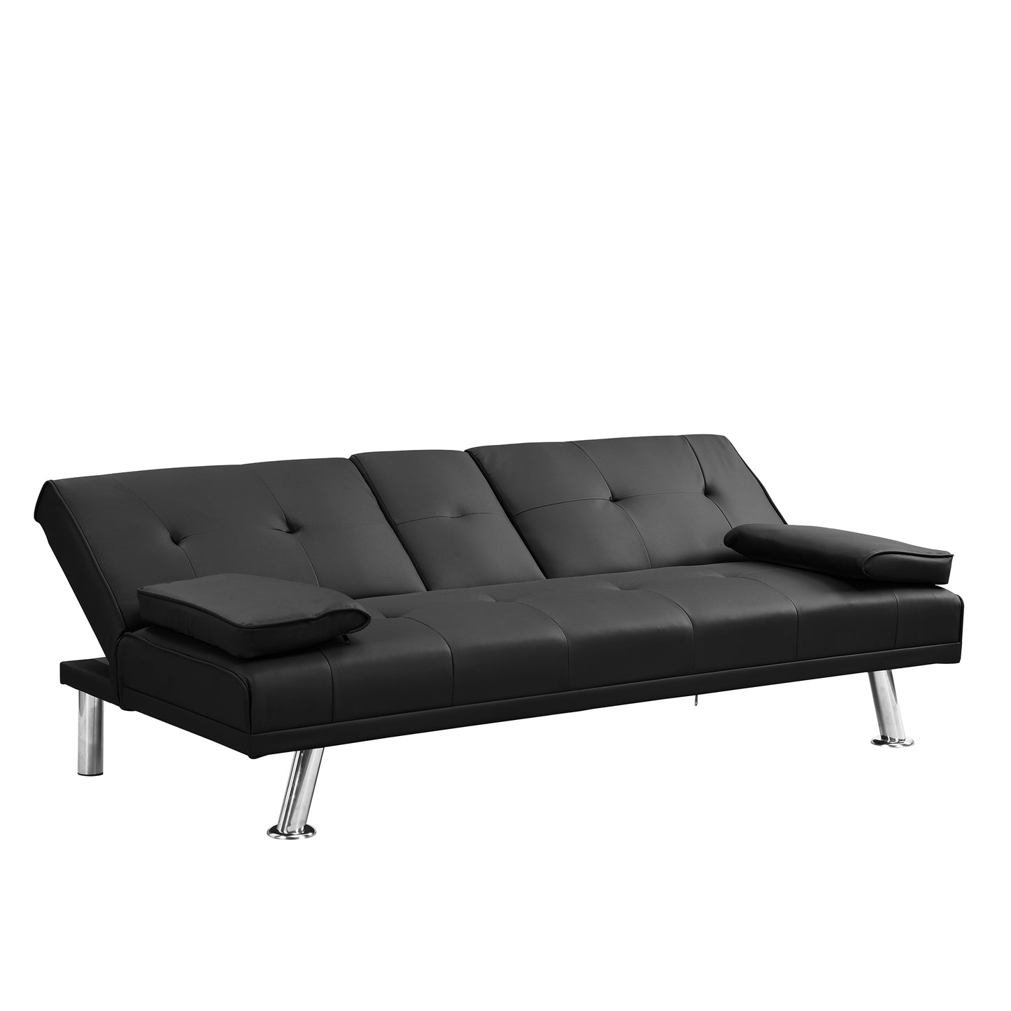 Sofa bed with Armrest two holders WOOD FRAME, STAINLESS LEG, FUTON BLACK PVC