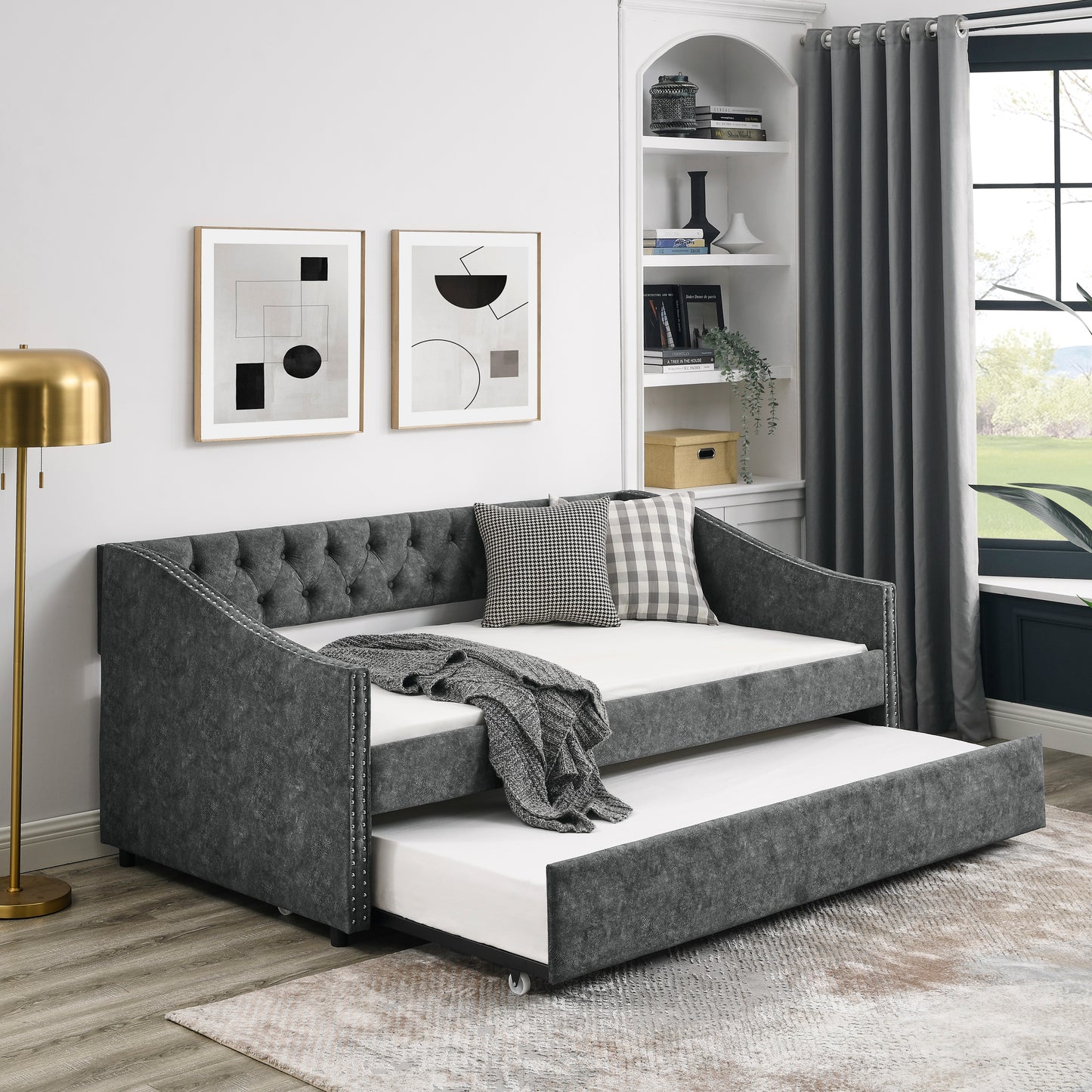 Size Daybed with Twin Size Trundle Upholstered Tufted Sofa Bed, with Button on Back and Copper Nail on Waved Shape Arms, Grey (80.5"x41"x30.5")