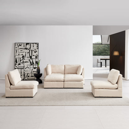 Modular Sofa with Ottoman,Filled with Down,Soft Linen Fabric,Beige