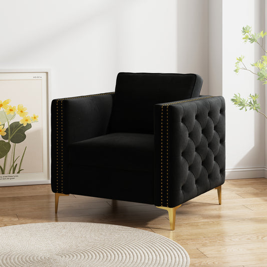 Accent Chair for Living Room Upholstered Arm Chair with Metal Legs Velvet Black