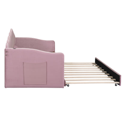 Twin size Upholstered Daybed with Trundle,Velvet Sofabed with USB Charging Ports,No Box-spring Needed,Pink