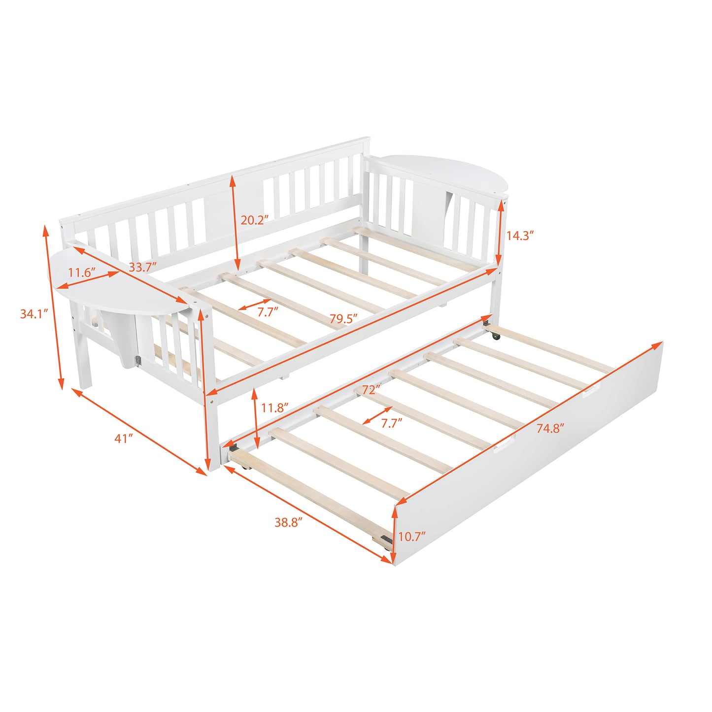 Wooden Daybed with Trundle Bed, Sofa Bed for Bedroom Living Room, White