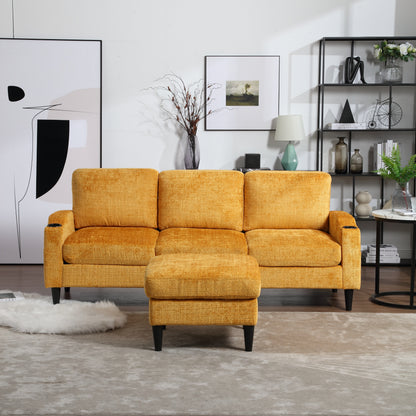 Sofa for three, solid wood frame, Chenille fabric, side pocket, with two cup holders, footstool with storagestorage sofa /Living room sofa cozy sectional sofa