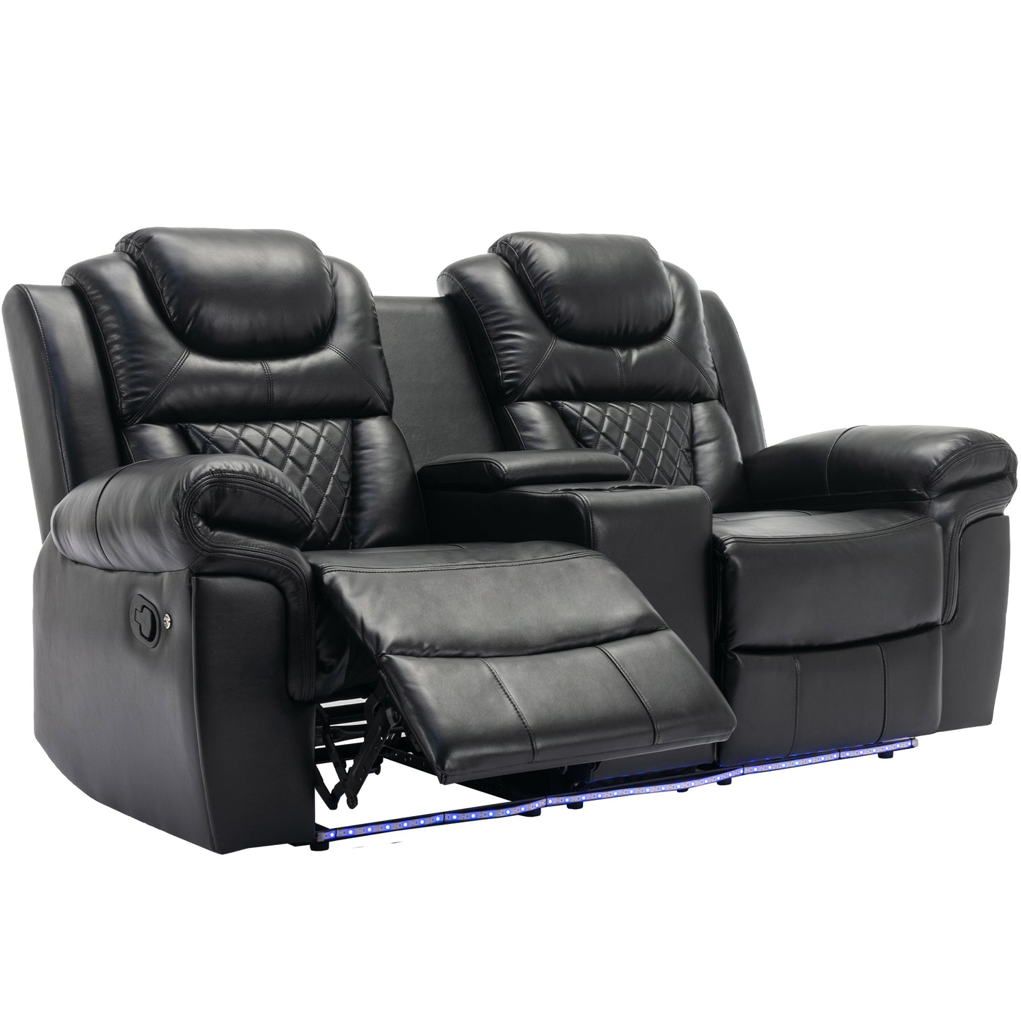 Home Theater Seating Manual Recliner Loveseat with Hide-Away Storage, Cup Holders and LED Light Strip for Living Room, Black