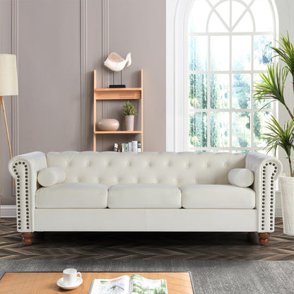 Classic Traditional Living Room Upholstered Sofa with velvet fabric Surface/ Chesterfield Tufted Fabric Sofa Couch, Large-White