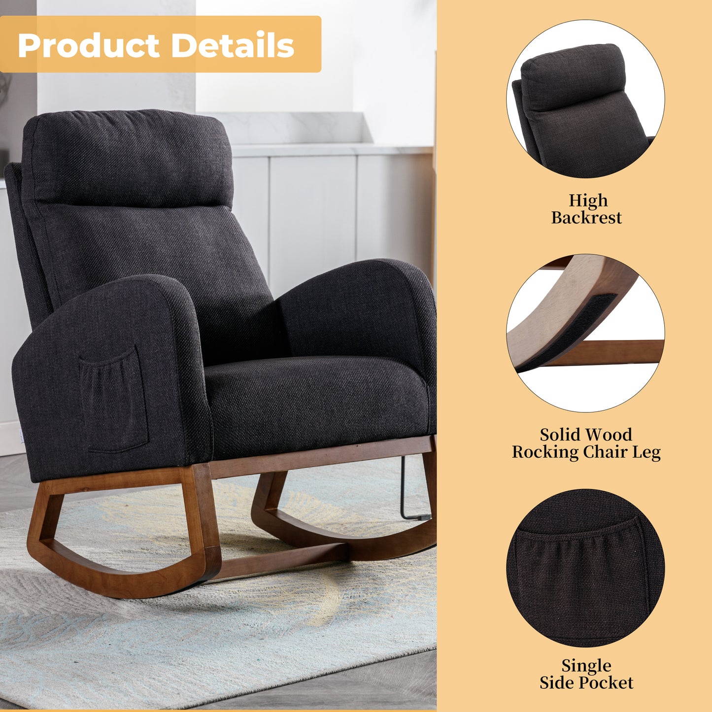 Rocking Chair, Modern Glider Chair, Recliner Armchair with Wood Legs and Side Pocket, Nursery Rocking Accent Chair with High Back for Living Room Bedroom (Black linen)