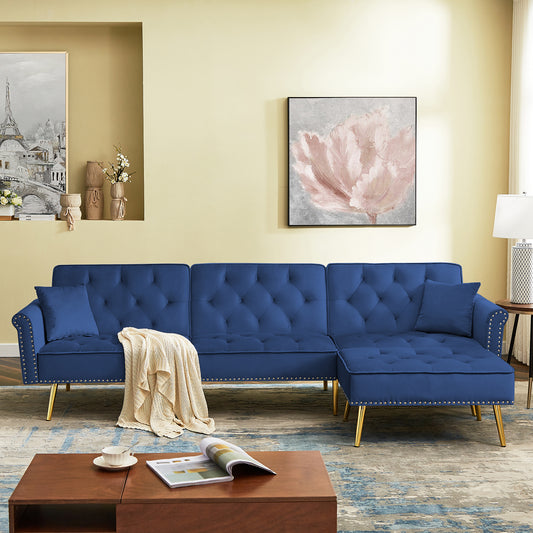 Modern Velvet Upholstered Reversible Sectional Sofa Bed, L-Shaped Couch with Movable Ottoman and Nailhead Trim For Living Room. (Blue)