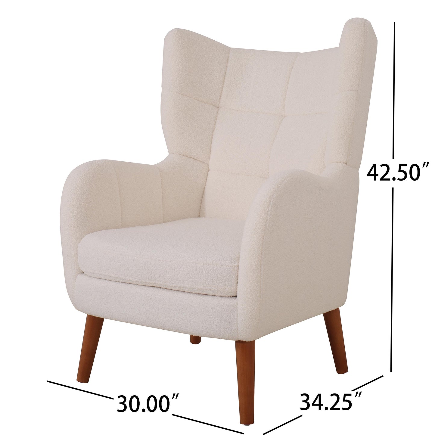 Mid-Century Accent Chair, Ivory White, Modern Retro Club Chair, Birch Frame, Upholstered Teddy Wool Fabric, Single Sofa Armchair for Small Spaces, Living Room, Bedroom, Reading Corner, Balcony,Office