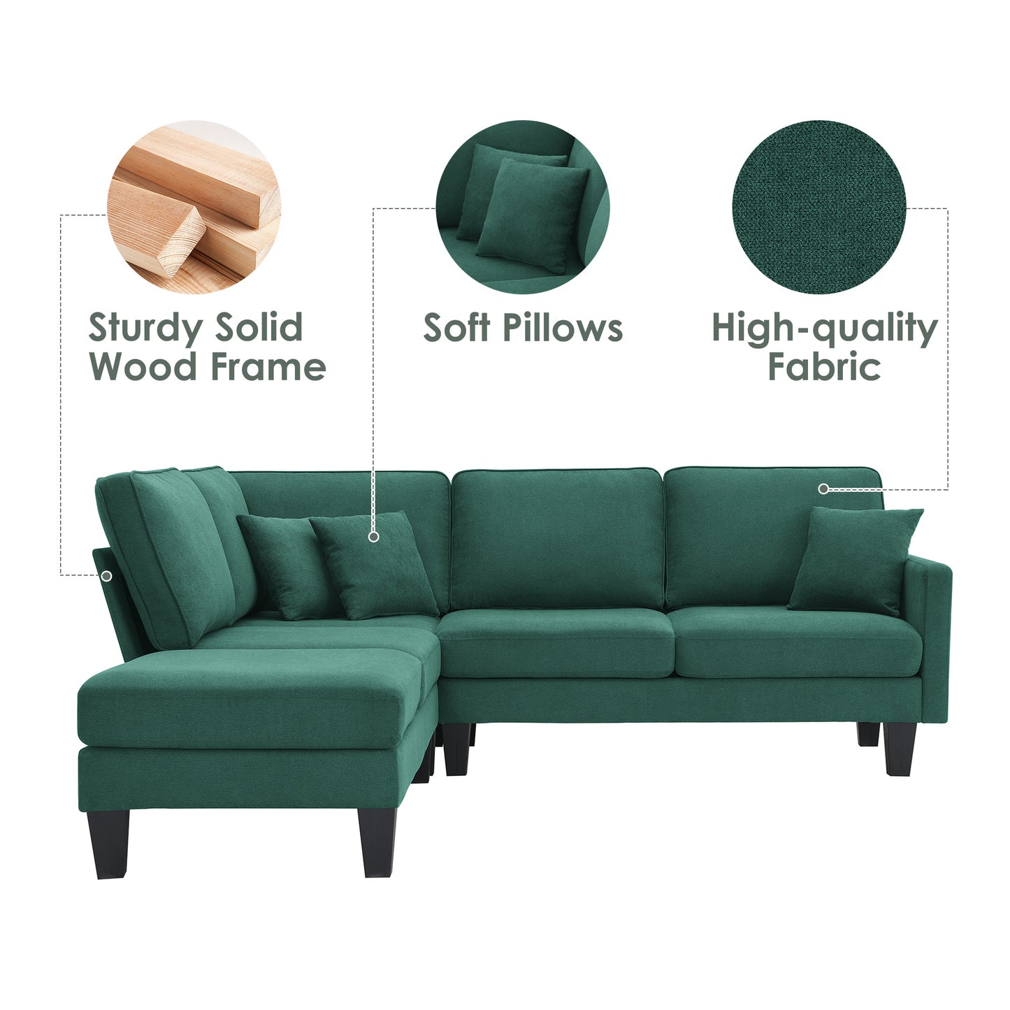 90*88" Terrycloth Modern Sectional Sofa,5-Seat Practical Couch Set with Chaise Lounge,L-Shape minimalist Indoor Furniture with 3 Pillows for Living Room,Apartment,Office, 3 Colors