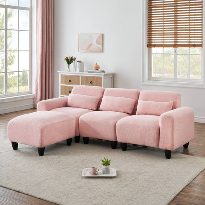 The 84.6-inch pink teddy fleece creative sofa can be assembled into a two-seater sofa plus a single couch with three waist pillows to perfectly stretch your waist for small apartment bedroom Spaces