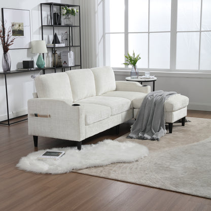 Sofa for three, solid wood frame, Chenille fabric, side pocket, with two cup holders, footstool with storagestorage sofa /Living room sofa cozy sectional sofa