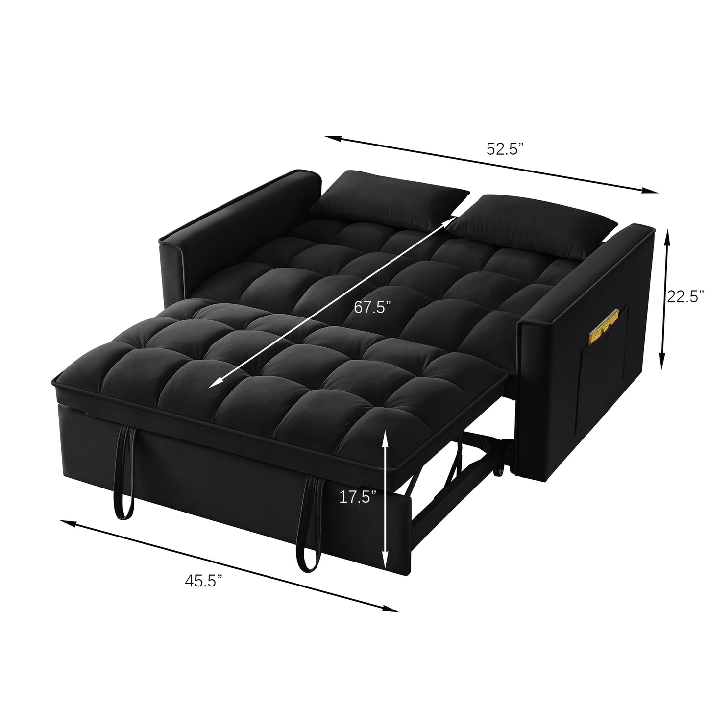 4 in1 Loveseat Sofa Bed with Armrests & Storage Pockets, Multi-Function Tufted Pull-out Sofa Bed with Adjustable Backrest and Pillows, Convertible Loveseat Sofa Couch,Black