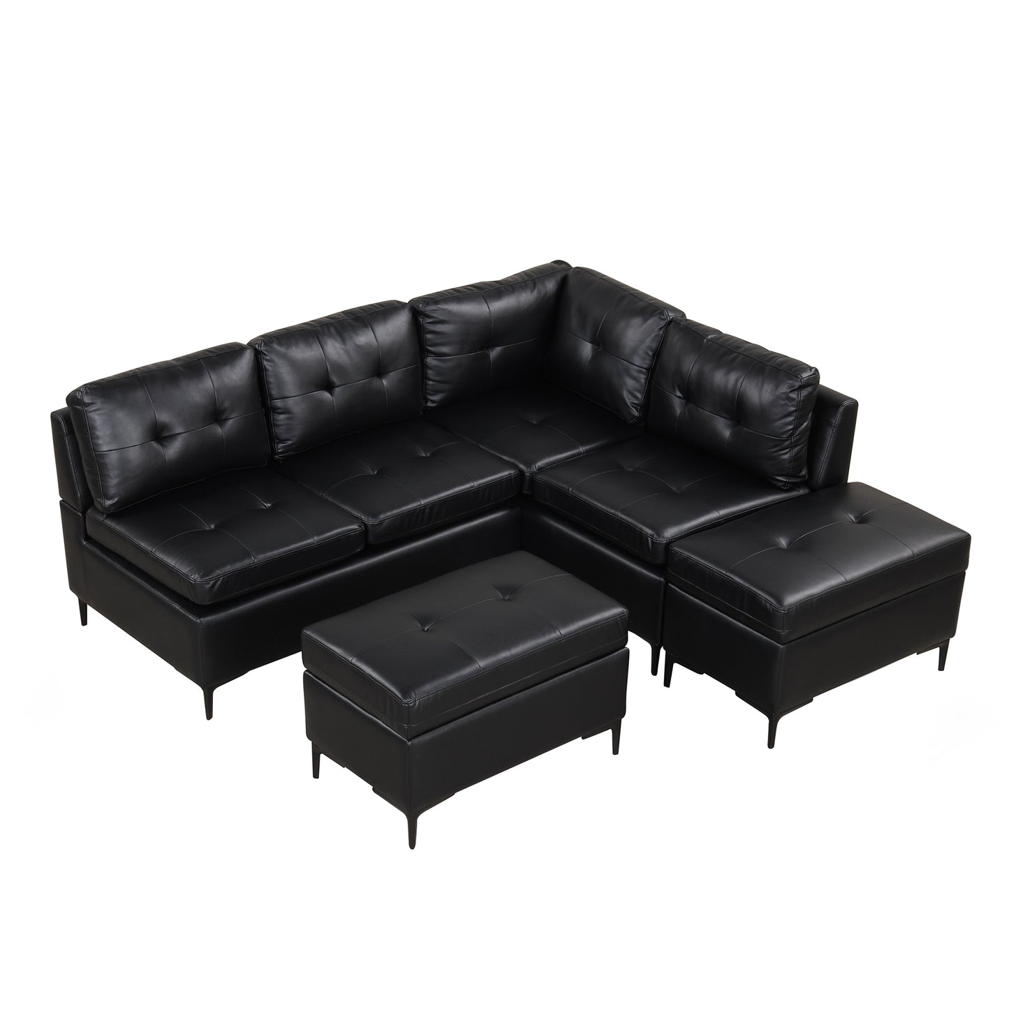 94.88" L-Shaped Corner Sofa Pu Leather Sectional Sofa Couch with Movable Storage Ottomans for Living Room, Black