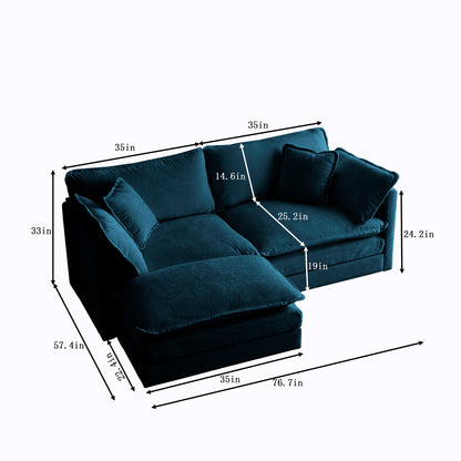 Two-Seater Sofa with 1 Footrest, 2 Seater L-Shaped Sectional with Ottoman,Loveseat with Ottoman for Small Living Space,Blue Chenille