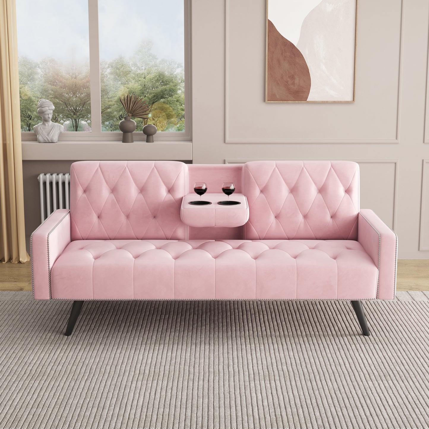 1730 Sofa Bed Armrest with Nail Head Trim with Two Cup Holders 72" Pink Velvet Sofa for Small Spaces