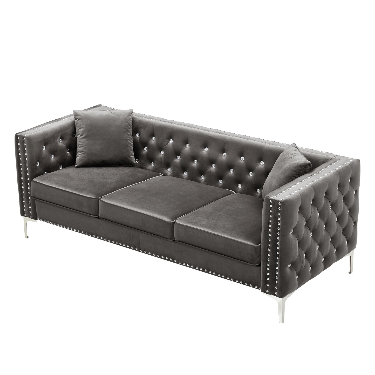 82.3" Width Modern Velvet Sofa Jeweled Buttons Tufted Square Arm Couch Grey,2 Pillows Included