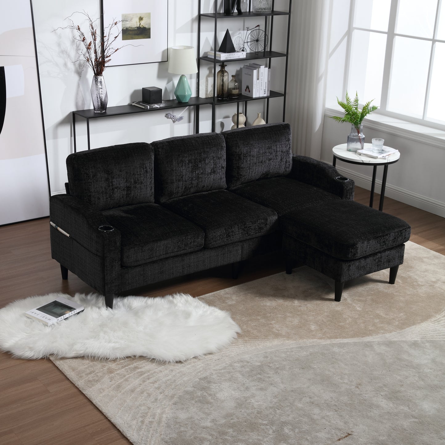 Sofa for three, solid wood frame, Chenille fabric, side pocket, with two cup holders, footstool with storagestorage sofa /Living room sofa cozy sectional sofa