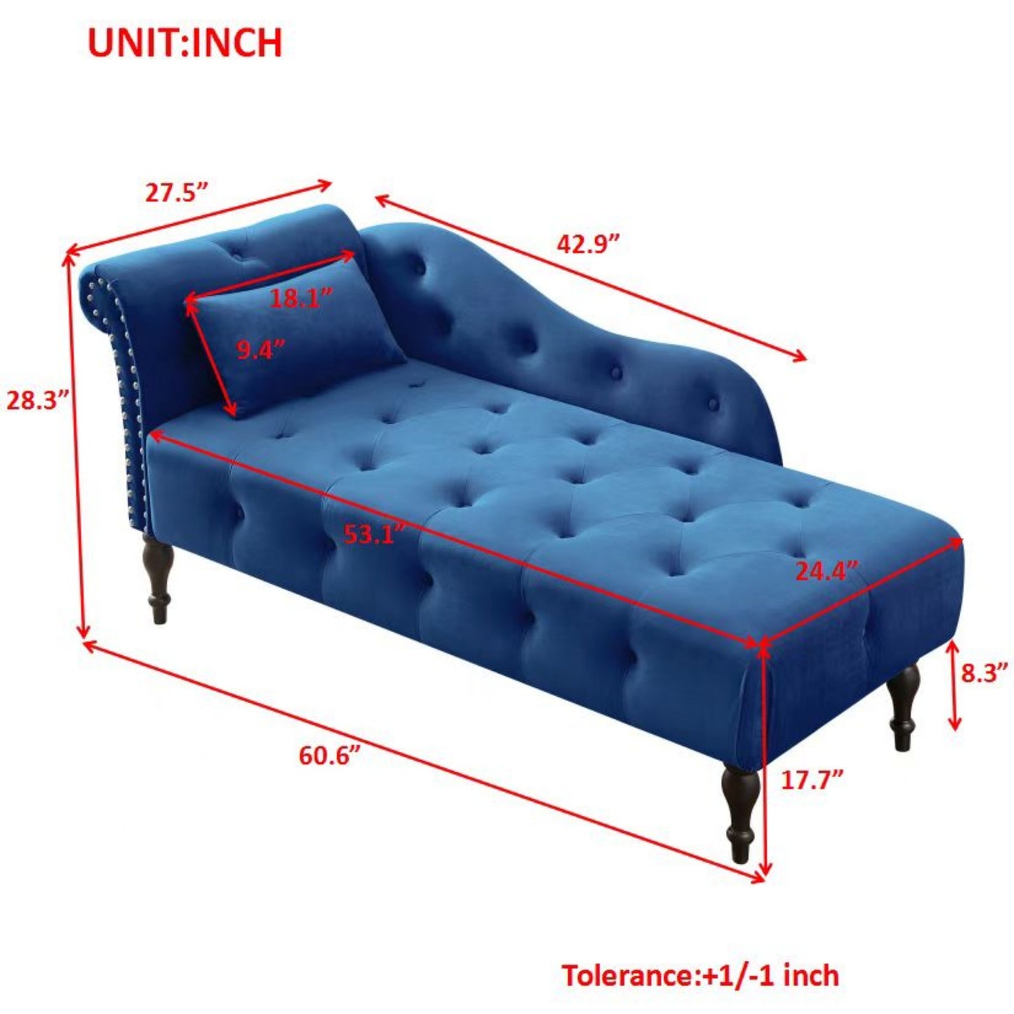 60.6" Velvet Chaise Lounge Buttons Tufted Nailhead Trimmed Solid Wood Legs with 1 Pillow,Blue (Left Arm Design as Shown in the Picture)