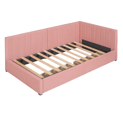 Upholstered Daybed with 2 Storage Drawers Twin Size Sofa Bed Frame No Box Spring Needed, Linen Fabric (Pink)