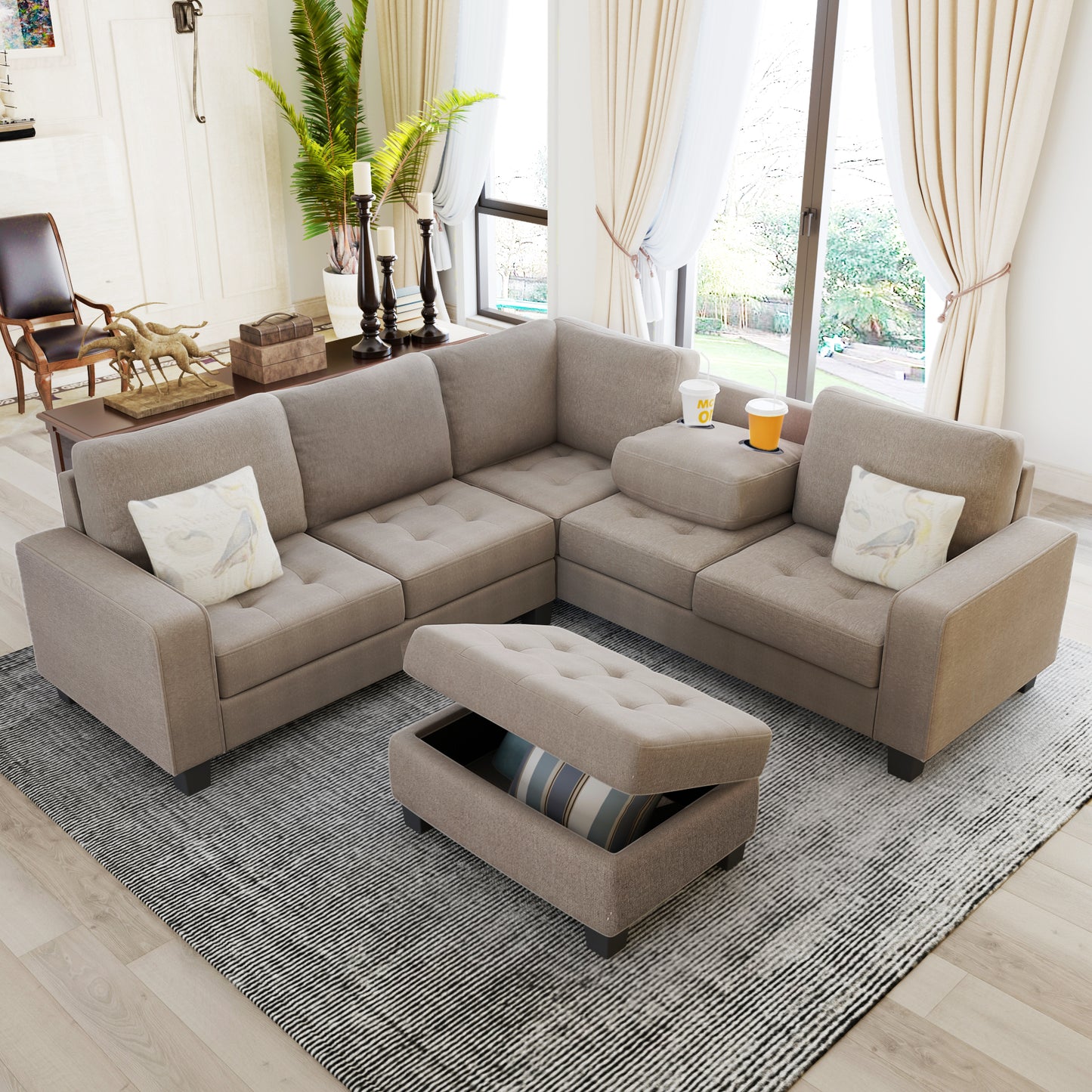 Sectional Corner Sofa L-shape Couch Space Saving with Storage Ottoman & Cup Holders Design for Large Space Dorm Apartment