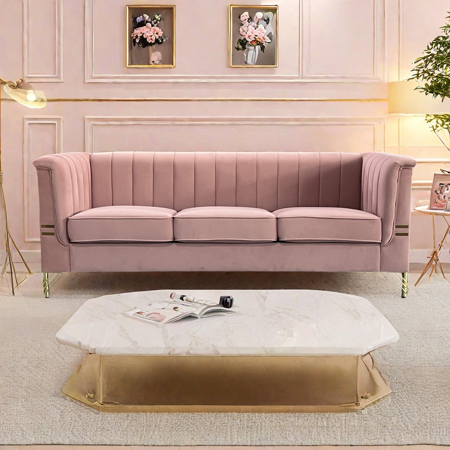 Modern Designs Velvet Upholstered Living Room Sofa, 3 Seat Sofa Couch with Golden Metal Legs for Home, Apartment or Office Pink SOFA