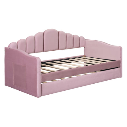 Twin size Upholstered Daybed with Trundle,Velvet Sofabed with USB Charging Ports,No Box-spring Needed,Pink