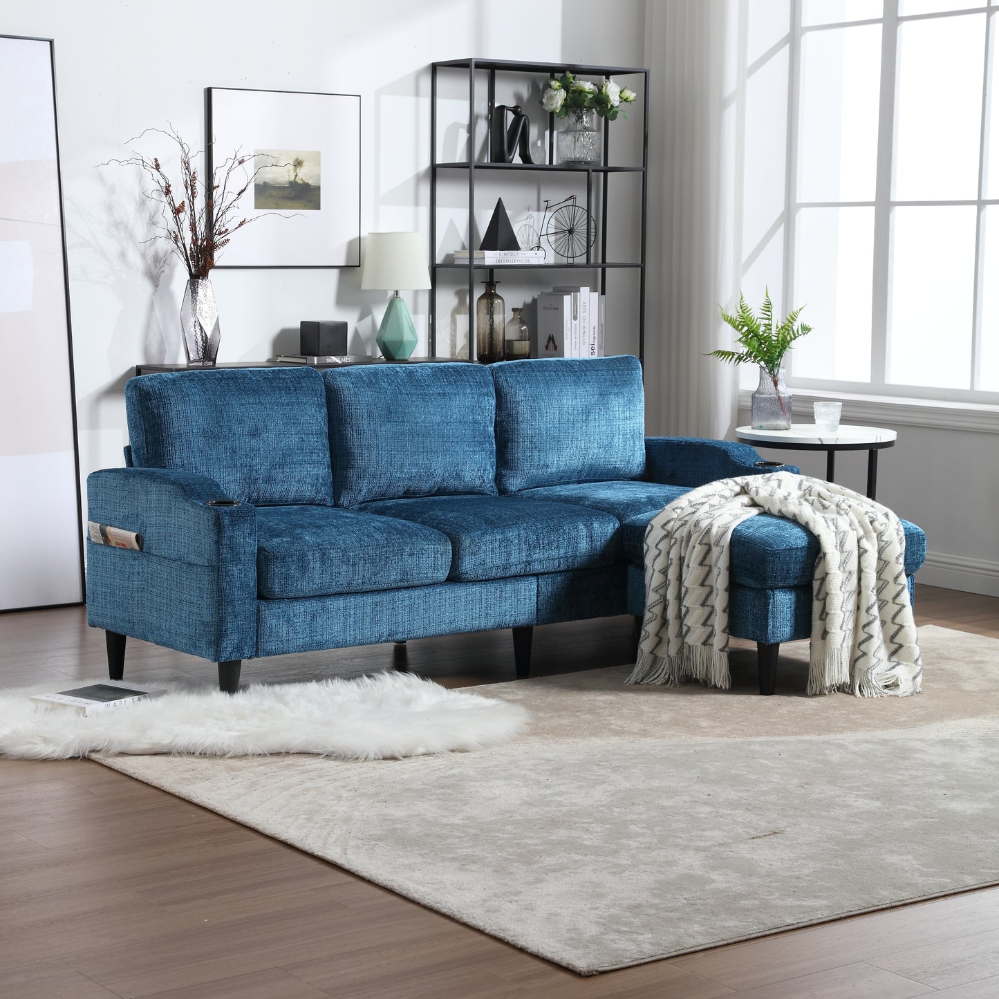 Sofa for three, solid wood frame, Chenille fabric, side pocket, with two cup holders, footstool with storagestorage sofa /Living room sofa cozy sectional sofa