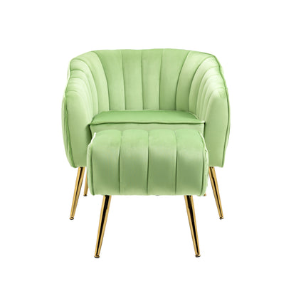 Velvet Accent Chair with Ottoman, Modern Tufted Barrel Chair Ottoman Set for Living Room Bedroom, Golden Finished, Grass Green