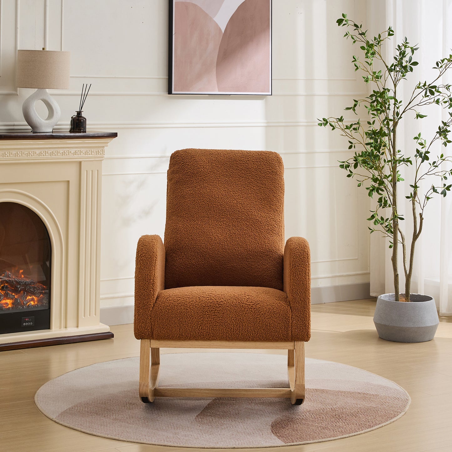 27.2"W Rocking Chair for Nursery, Sherpa Glider Chair with High Back and Side Pocket, Rocking Accent Armchair with Rubber Wood Legs for Living Room/Bedroom.Caramel