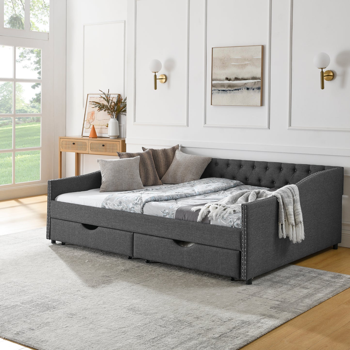 Queen Size Daybed with Drawers Upholstered Tufted Sofa Bed,,with Button on Back and Copper Nail on Waved Shape Arms(84.5"x63.5"x26.5")