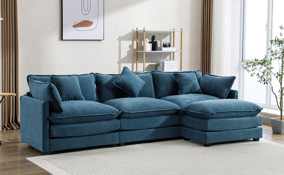 112.2" L-Shape Chenille Upholstered Sofa for Living Room Modern Luxury Sofa Couch with Ottoman, 5 Pillows, Blue