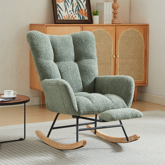 Modern Nursery Rocking Chair, Upholstered Glider Chair with High Backrest, Rocker Accent Armchair with Solid Wood Legs for Nursery Bedroom Living Room GREEN