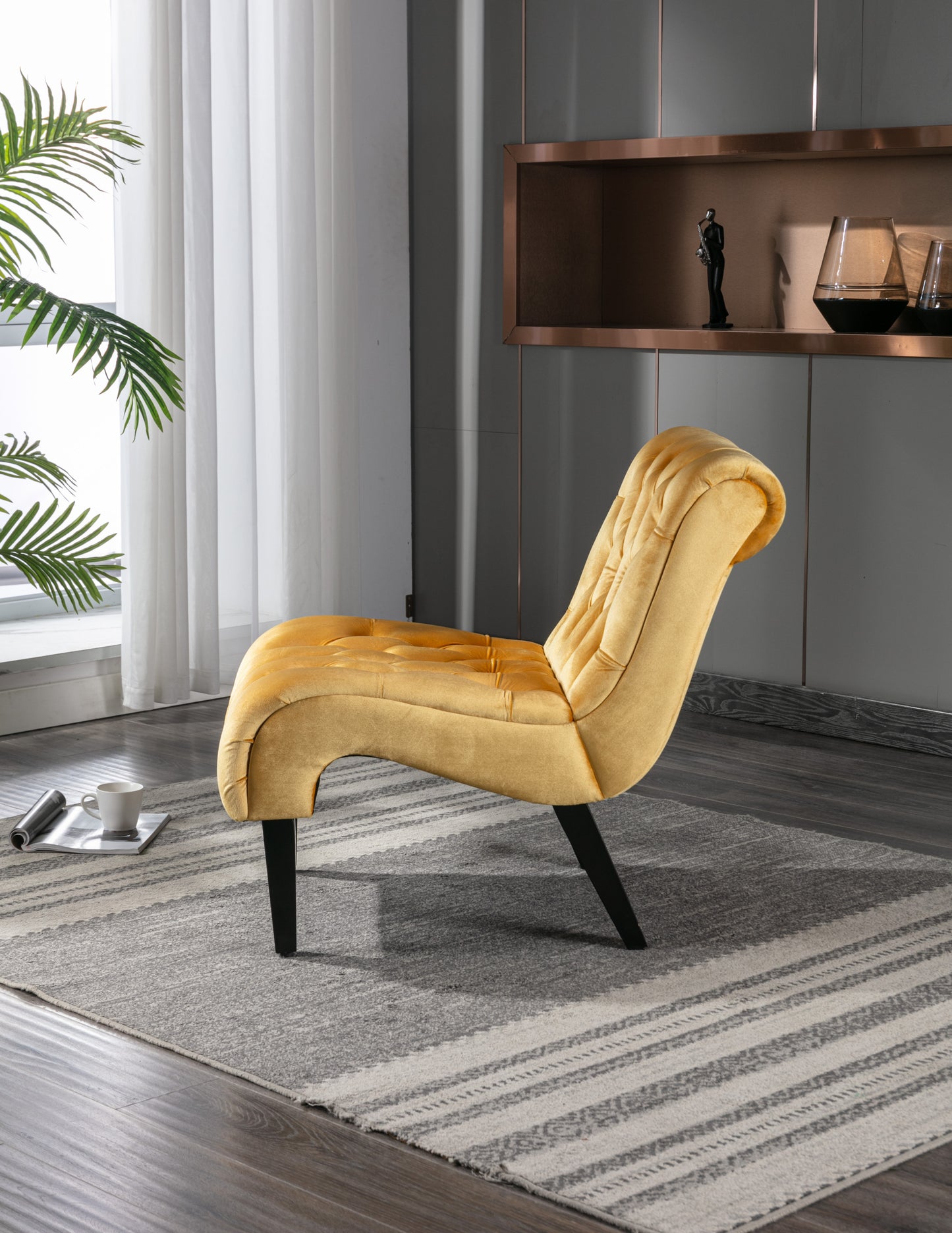 Modern Velvet Armless Accent Living Room Chair / Leisure Chair,Upholstered Fabric Button Comfortable Chair with Wooden Legs for Bedroom, Living Room, Office (Mustard Velvet)