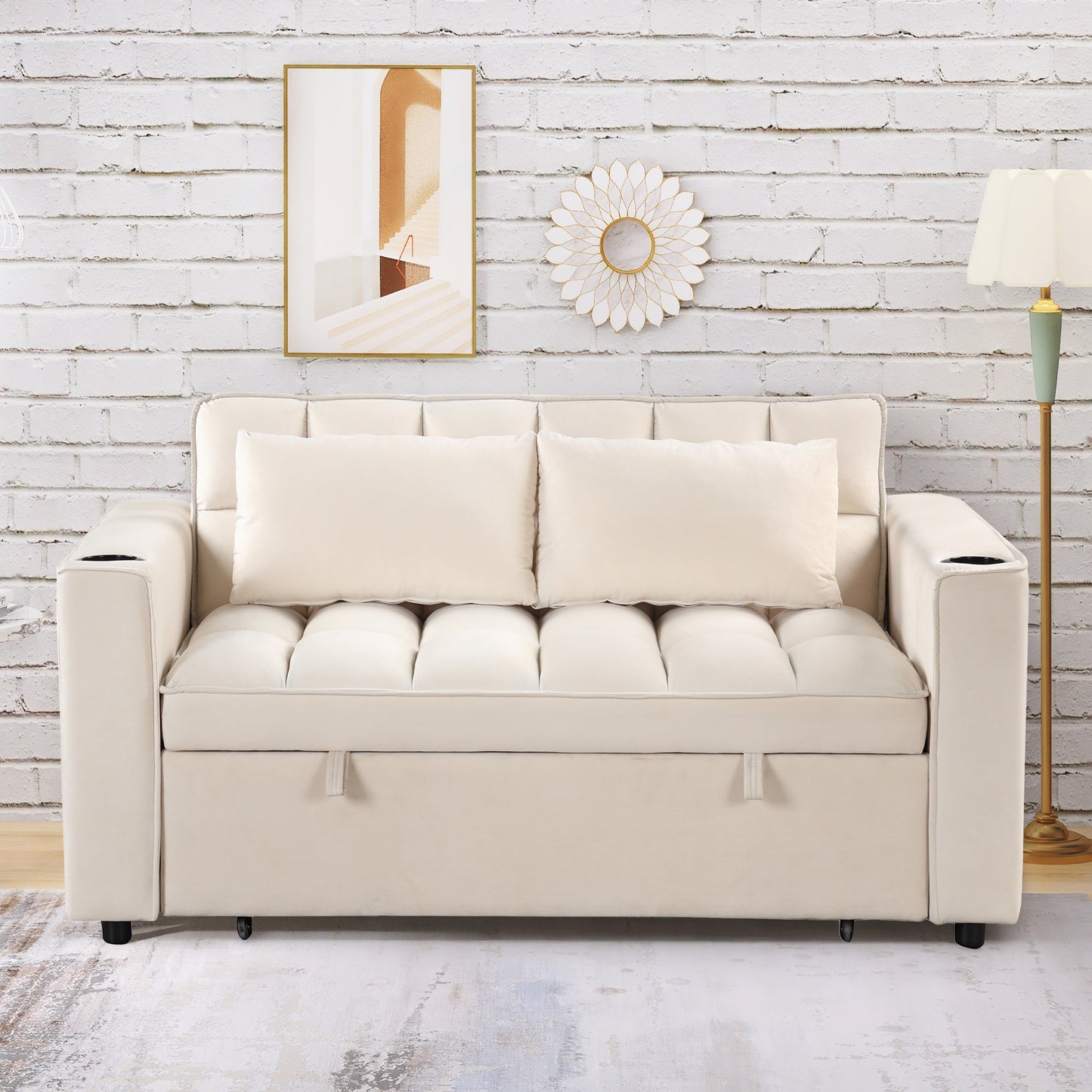 58" 4-1 Multi-functional Sofa Bed with Cup Holder and USB Port for Living Room or Apartments Milky White