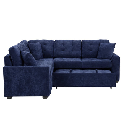 82.6" L-shape Sofa Bed Pull-out Sleeper Sofa with Wheels, USB Ports, Power Sockets for Living Room, Navy Blue