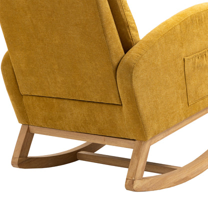 Rocking Chair, Modern Glider Chair, Recliner Armchair with Wood Legs and Side Pocket, Nursery Rocking Accent Chair with High Back for Living Room Bedroom (Mustard Yellow linen)