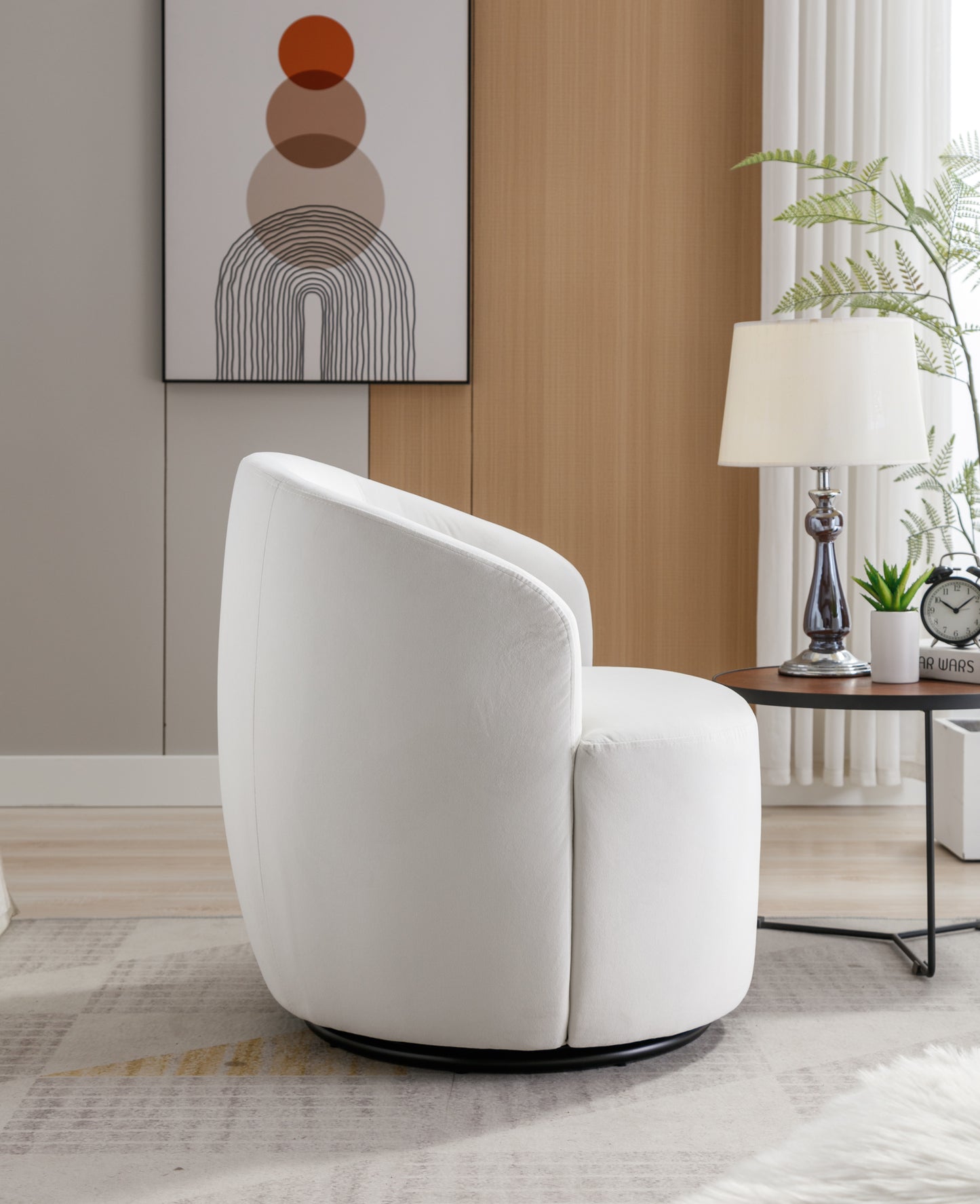 Velvet Fabric Swivel Accent Armchair Barrel Chair With Black Powder Coating Metal Ring,White