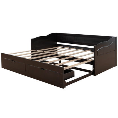 Wooden Daybed with Trundle Bed and Two Storage Drawers, Extendable Bed Daybed,Sofa Bed with Two Drawers, Espresso