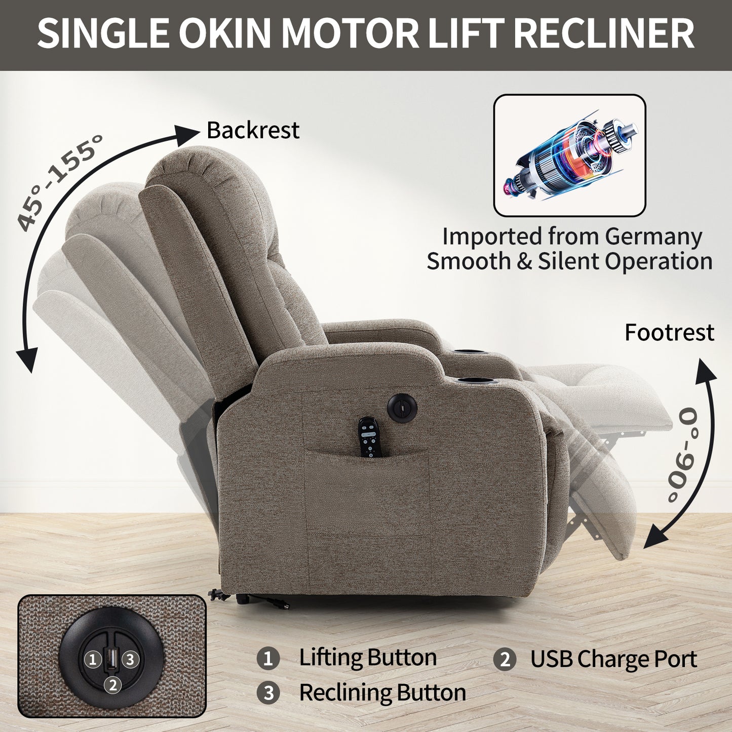 Up to 350 LBS Power Lift Recliner Chair for Elderly, Heavy Duty Motion Mechanism with 8-Point Vibration Massage and Lumbar Heating, USB Charging Port, Cup Holders, Brown