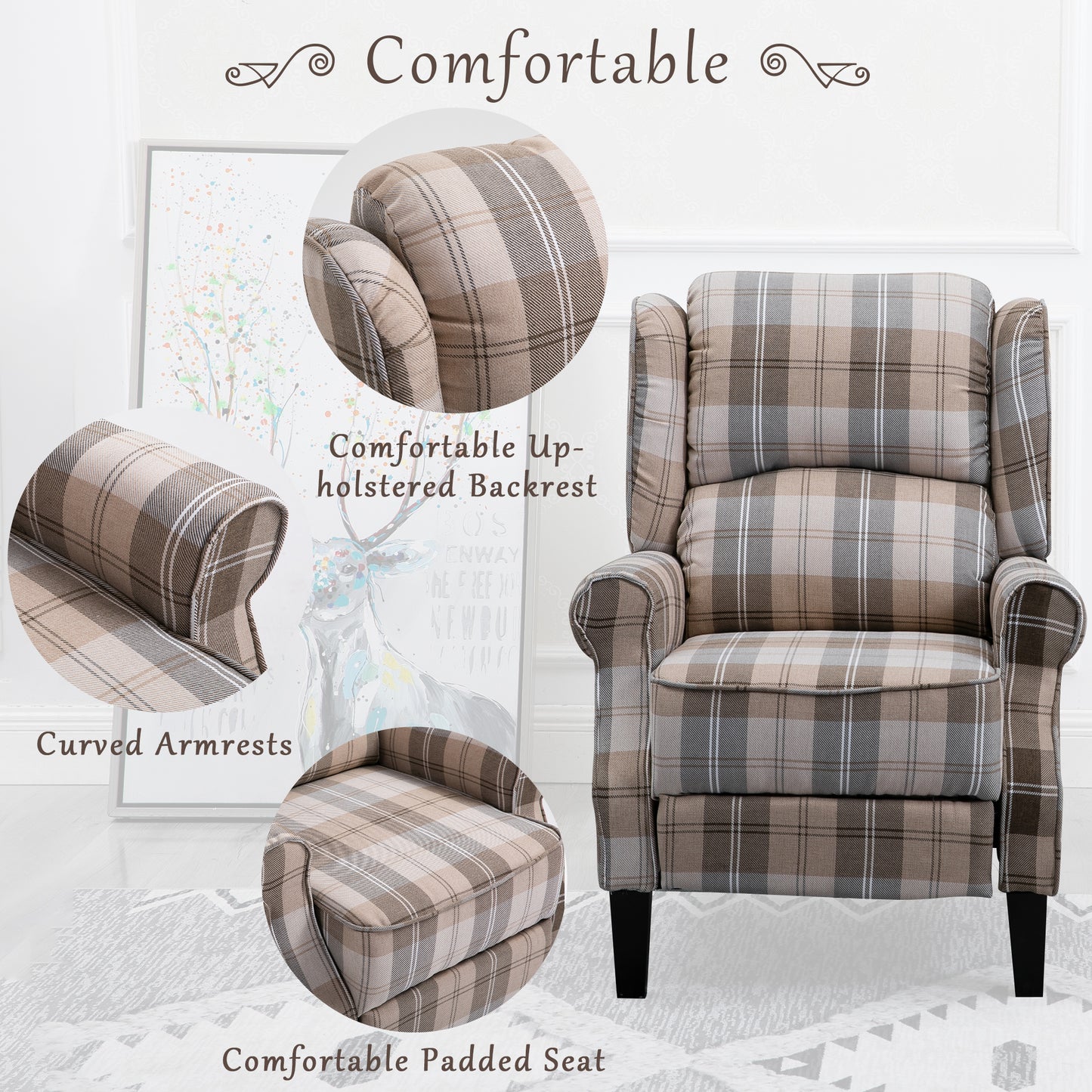 Armchair Sofa Comfortable Upholstered leisure chair / Recliner Chair for Living Room(Beige Check)