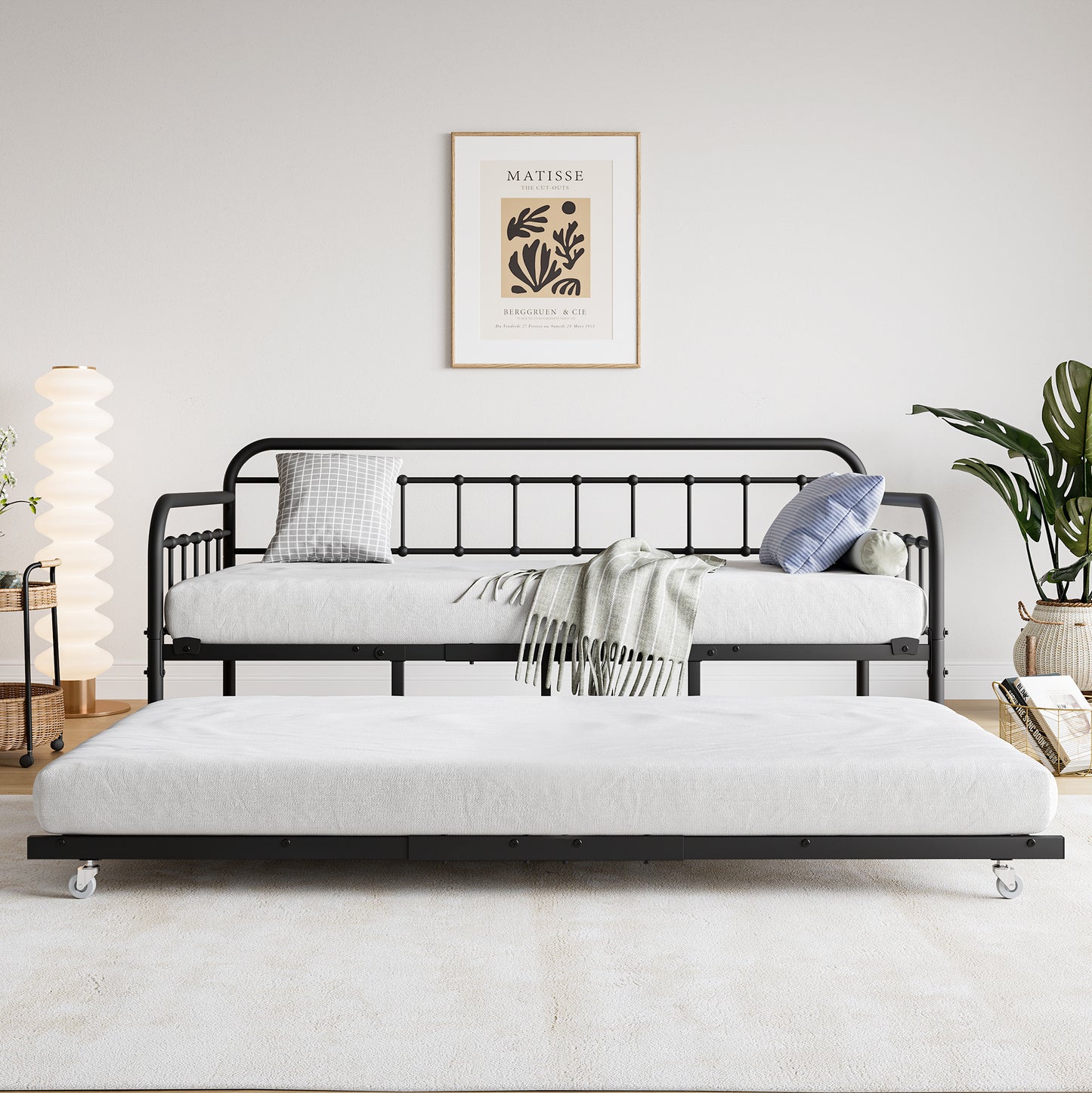 Size Metal Daybed Frame with Trundle, Heavy Duty Steel Slat Support Sofa Bed Platform with Headboard, No Box Spring Needed, Black