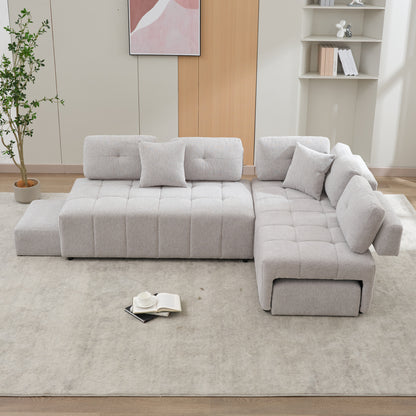 91.73" L-shaped Sofa Sectional Sofa Couch with 2 Stools and 2 Lumbar Pillows for Living Room, Light Grey