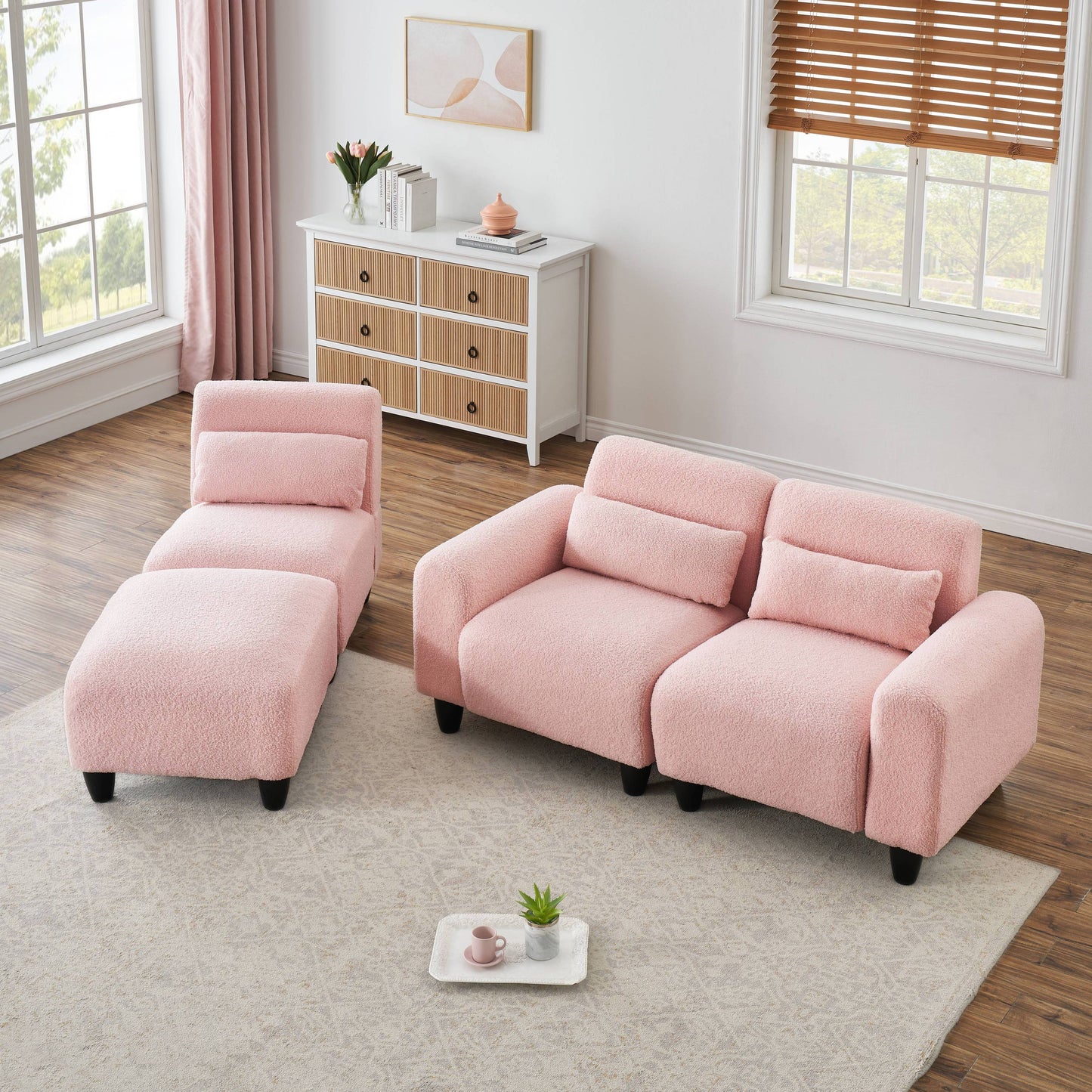 The 84.6-inch pink teddy fleece creative sofa can be assembled into a two-seater sofa plus a single couch with three waist pillows to perfectly stretch your waist for small apartment bedroom Spaces