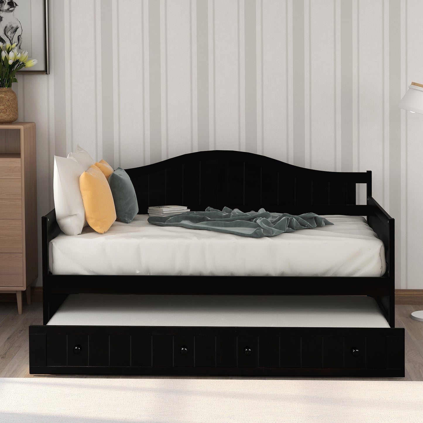 Wooden Daybed with Trundle Bed, Sofa Bed for Bedroom Living Room, Espresso