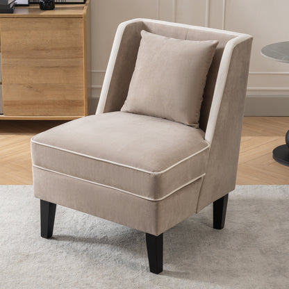 Velvet Upholstered Accent Chair with Cream Piping, Tan and Cream