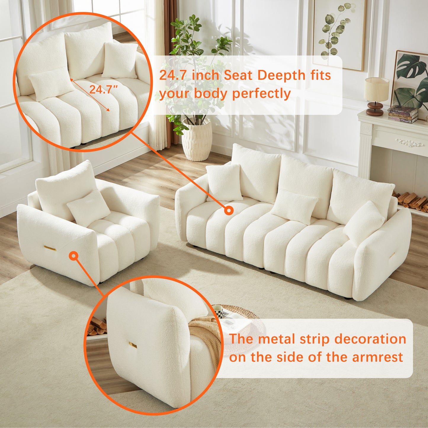 82" Premium Teddy fabric Sofa with 3 Back Pillows and 3 back Cushions Solid Wood Frame 3-Seater Sofa, Oversized Upholstered Chair for Living Room, Bedroom, Apartment and Office