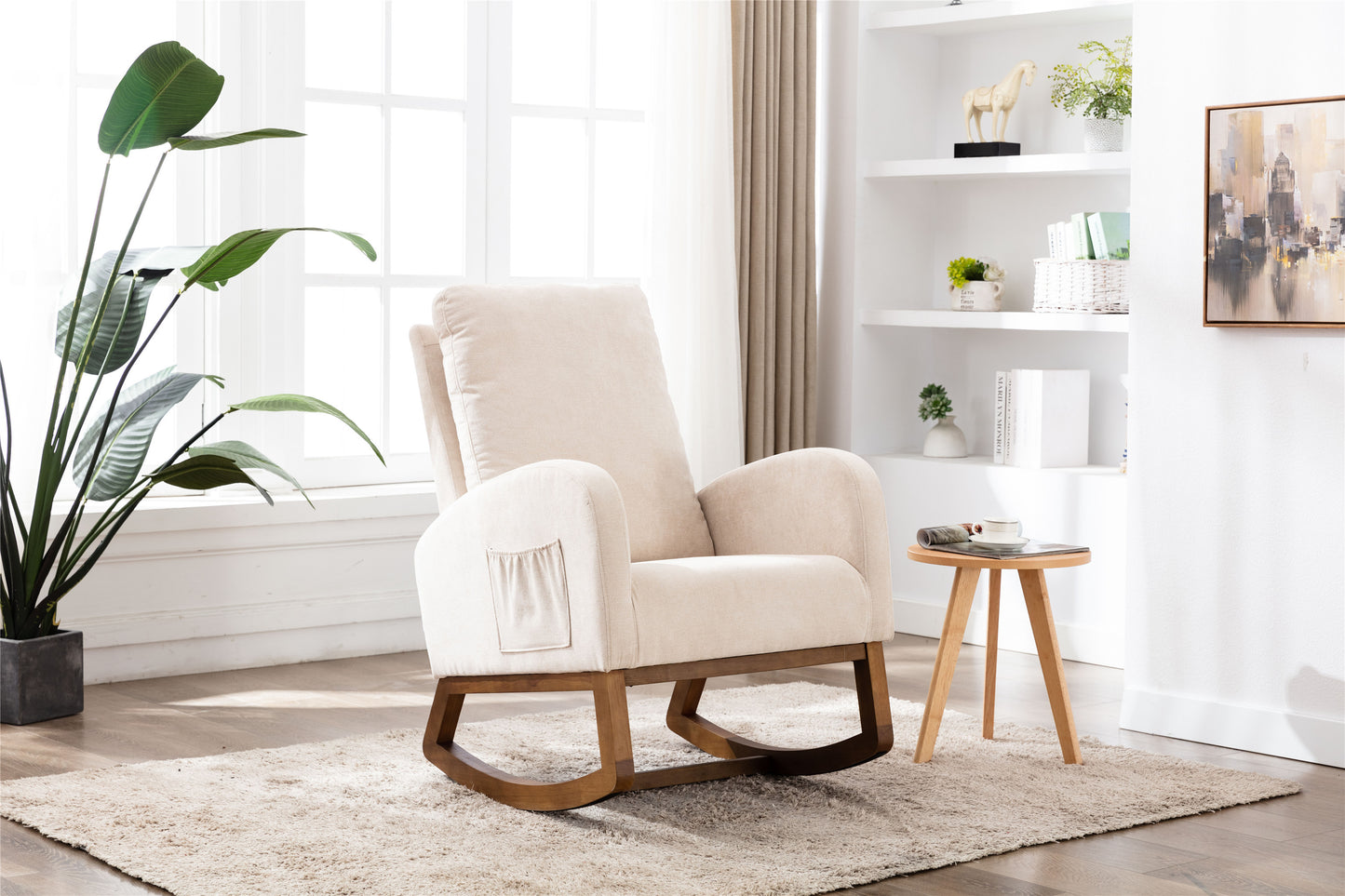 Rocking Chair, Modern Glider Chair, Recliner Armchair with Wood Legs and Side Pocket, Nursery Rocking Accent Chair with High Back for Living Room Bedroom (Beige linen)