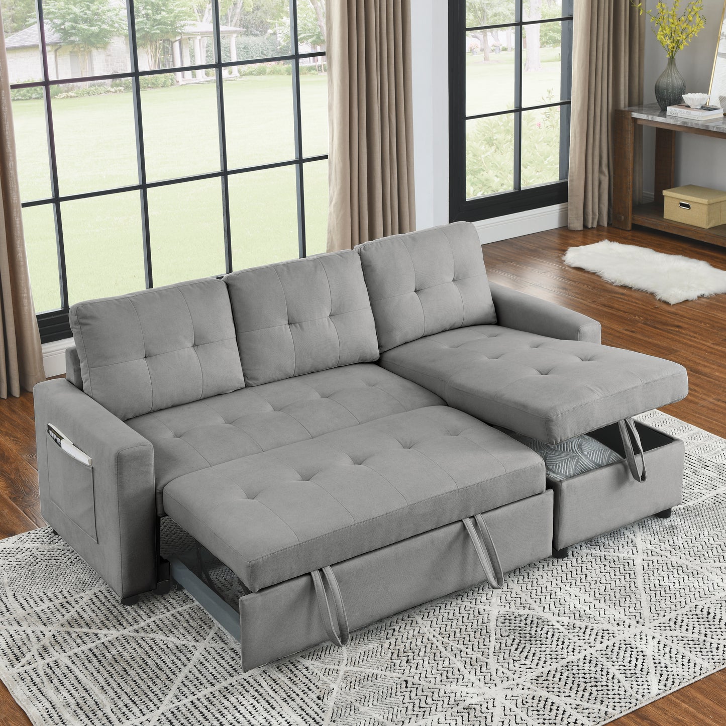 78.5" Sleeper Sofa Bed Reversible Sectional Couch with Storage Chaise and Side storage bag for Small Space Living Room Furniture Set