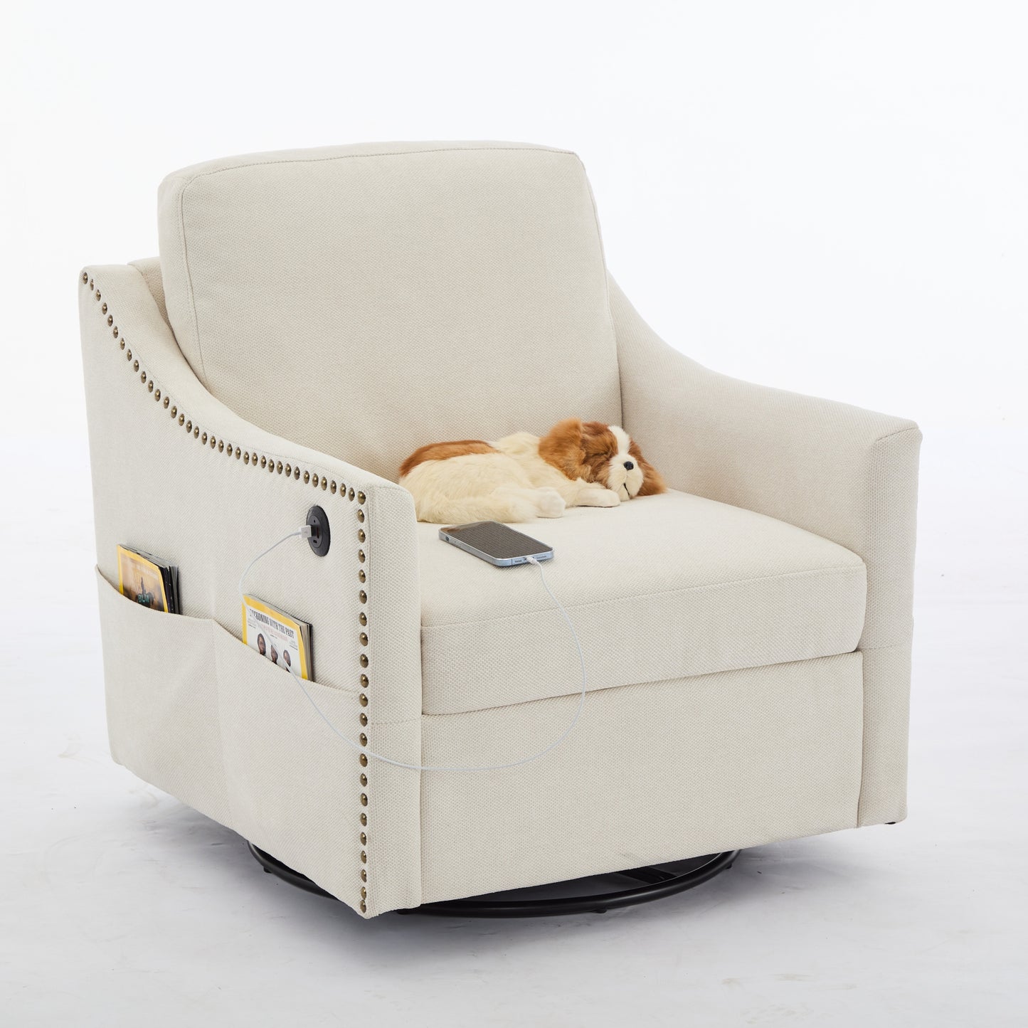 Cream white fabric swivel rotating accent chair with USB and magazine book for living room and hotel bed room