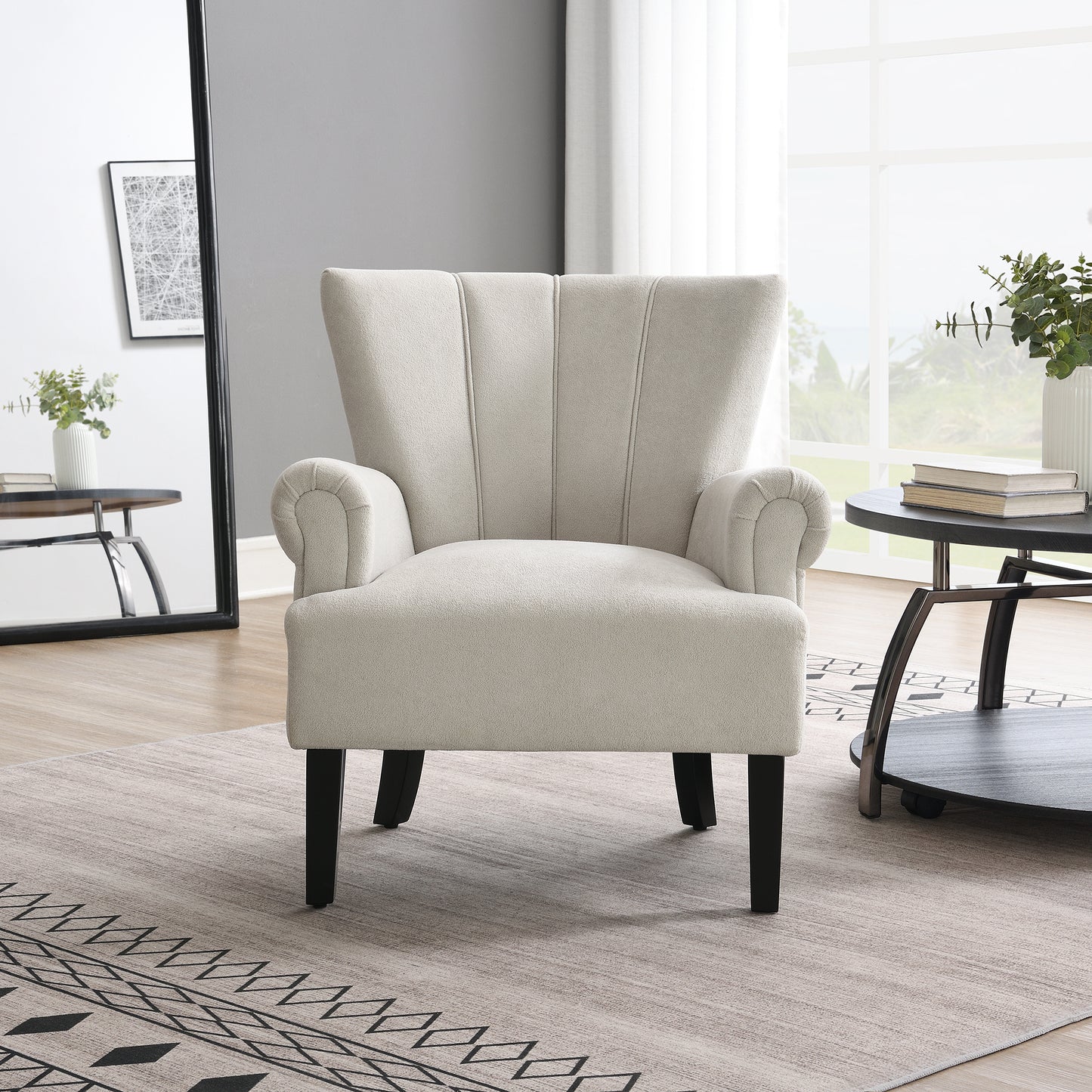 Modern Accent Living Room Chairs,Polyester Armchair Club Chair with channel back, Accent chair for Living room, Bedroom Reading room, soft fabric, wooden Leg, Light Grey